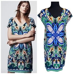 Anthropologie Maeve Folksong V-Neck Bird Print Shift Dress XS Whimsical Unique